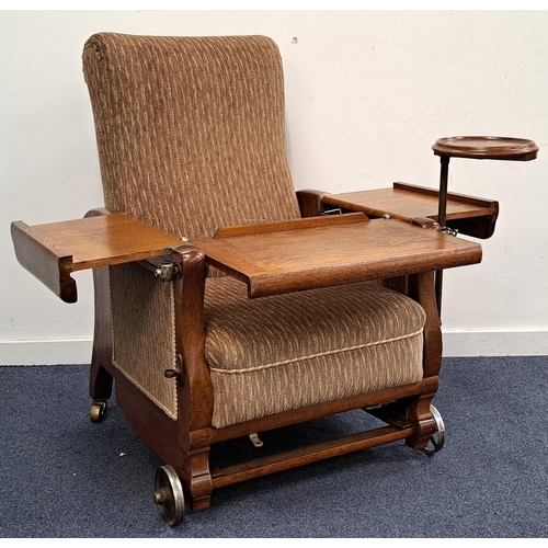 616 - UNUSUAL 1930s METAMORPHIC CHAIR/BED AND STOOL
in textured fabric upholstery, the oak framed chair wi... 