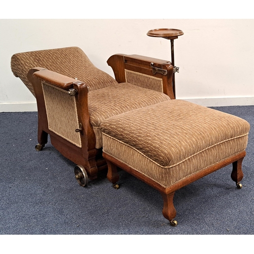 616 - UNUSUAL 1930s METAMORPHIC CHAIR/BED AND STOOL
in textured fabric upholstery, the oak framed chair wi... 