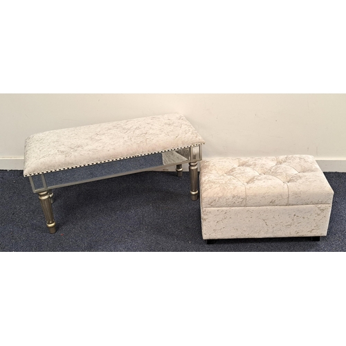 627 - CONTEMPORAY GLASS EDGED FOOTSTOOL 
the foot stool with crushed silver grey velvet upholstery on silv... 