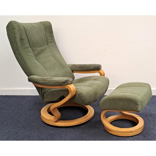 628 - GERMAN HIMOLLA RECLINER CHAIR AND FOOTSTOOL
in olive green suede, on Beech wood circular base with m... 