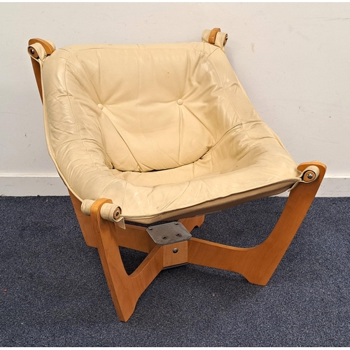 629 - ODD KNOTSEN STYLE LUNA CHAIR FOR JOHN LEWIS
with laminated wooden frame and cream leather and button... 