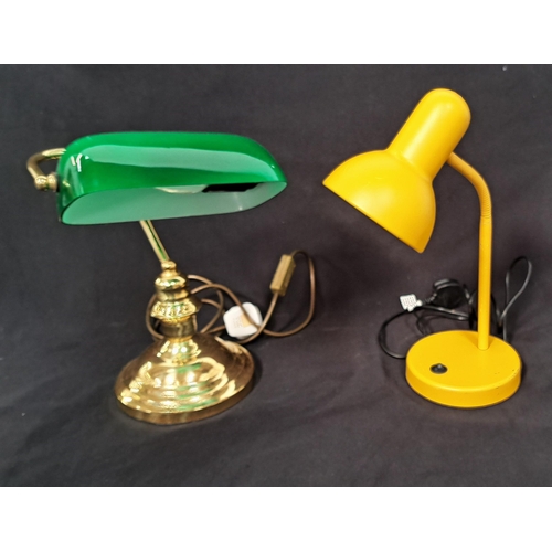 632 - LIBRARY DESK LAMP
with green shade and brass effect stand; together with a yellow metal desk lamp (2... 