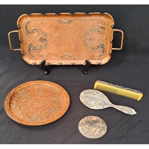 402 - JOSEPH SANKEY & SONS LTD ART NOVEAU COPPER AND BRASS TRAY 
stamped on the base, 43cm long; together ... 