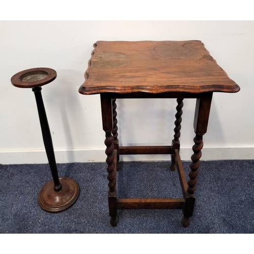 592 - AN OAK TURNED SMOKING STAND 
together with an oak twist table with barely twist legs and serpentine ... 