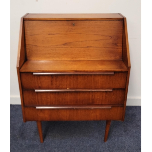 647 - DANISH TEAK MID CENTURY BUREAU 
the fold down lid opening to reveal pigeon holes, above three drawer... 