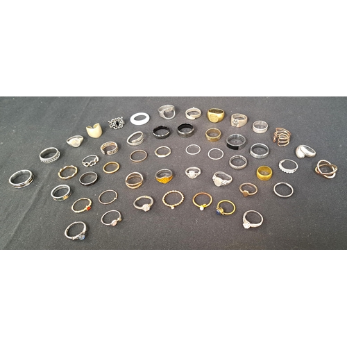 42 - SELECTION OF SILVER AND OTHER RINGS
including enamel and CZ set examples, 1 box