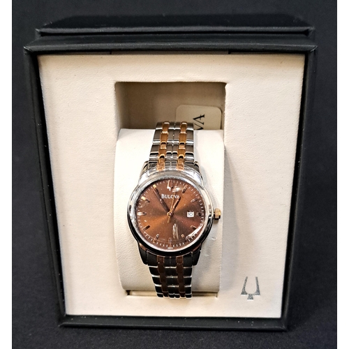 118 - NEW AND BOXED BULOVA WRISTWATCH
the bronzed dial with copper hands and five minute markers, the back... 