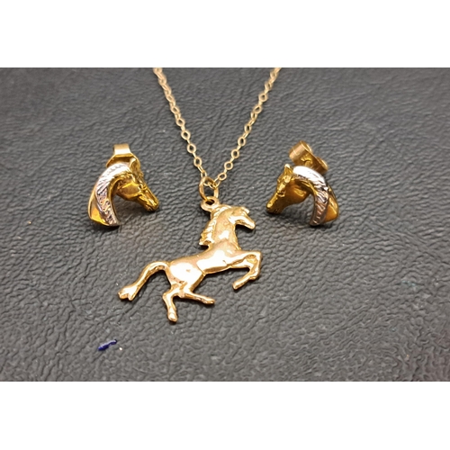 8 - NINE CARAT GOLD HORSE THEMED PENDANT AND EARRINGS
the pendant in a form of a galloping horse on nine... 