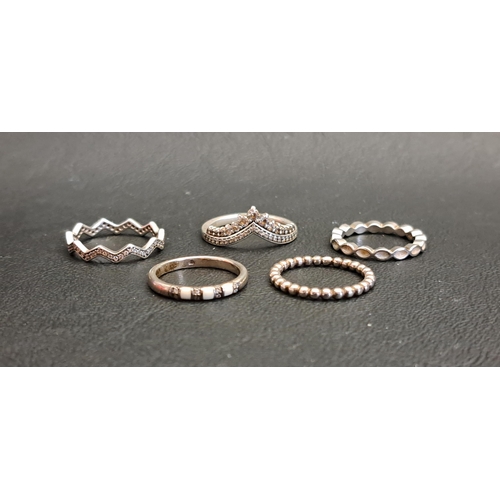 57 - FIVE PANDORA SILVER RINGS
comprising Princess Wishbone, Shimmering Zig Zag, White Enamel Better Toge... 