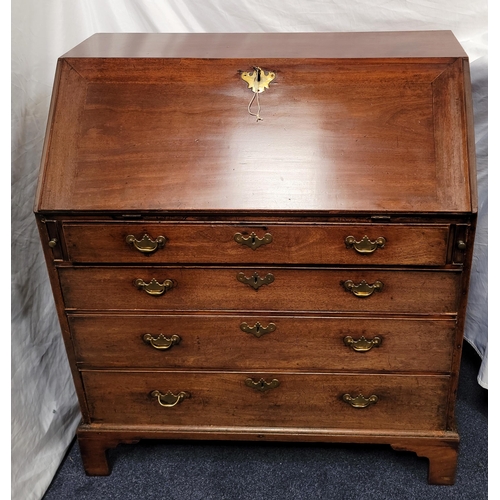 554 - GEORGIAN MAHOGANY BUREAU 
the fall flap revealing fitted interior, the top pigeon holes with hidden ... 