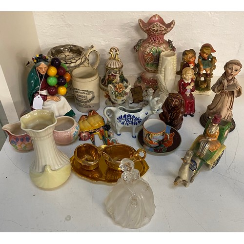 SELECTION OF DECORATIVE CERAMICS
including Royal Doulton 'Balloon seller' (damage) Hummel figurines, Paragon 'Carole' Belleek posy vases, James Keller Dundee Marmalade jar, Capidimonte figures etc