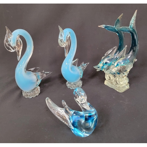 229 - SELECTION OF BLUE STUDIO AND MURANO GLASS
consisting of a pair of opaque blue swans, 23cm high, Blue... 