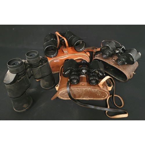 303 - FOUR PAIRS OF BINOCULARS
comprising a 10x50 pair by Charles Frank Glasgow, numbered 12169 and cased;... 