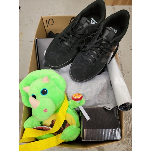 10 - ONE BOX OF NEW ITEMS
including clothing, souvenirs, Roll up keyboard, toys, and a pair of black Adid... 