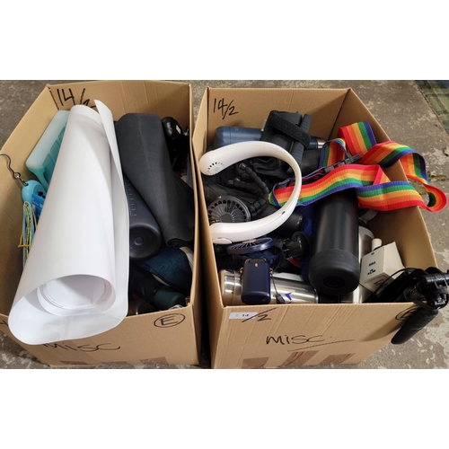 14 - TWO BOXES OF MISCELLANEOUS ITEMS
including flasks and water bottles, umbrellas, souvenirs, fans, a c... 