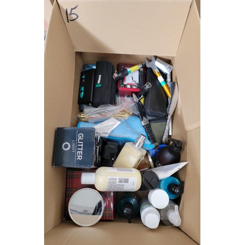 15 - ONE BOX OF MISCELLANEOUS ITEMS
including boxed and loose tools, glitter lamp, toiletries (including ... 