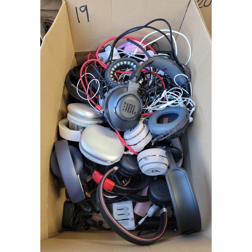 19 - ONE BOX OF CABLES, CHARGERS AND HEADPHONES
the headphones including on ear and earbuds, brands inclu... 