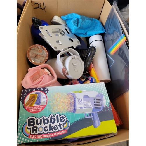 24 - ONE BOX OF MISCELLANEOUS ITEMS
including water bottles, umbrellas, stationery, Pink Floyd Dark Side ... 