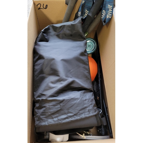 26 - ONE BOX OF SPORTING AND LEISURE ITEMS
including hiking poles, water bottles, a ball, etc.