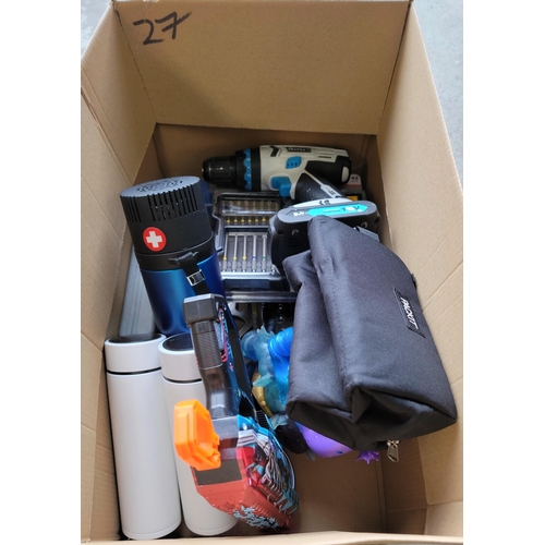 27 - ONE BOX OF MISCELLANEOUS ITEMS
including boxed and loose tools, a Macallister drill, flasks and toys... 