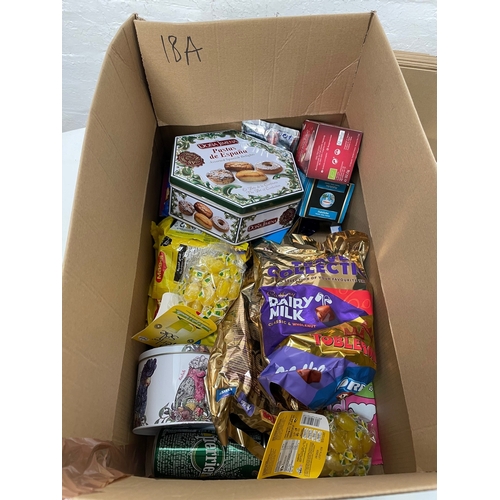 18A - ONE BOX OF CONSUMABLE ITEMS
including selection of chocolates, Spanish cakes, various boxes of tea a... 