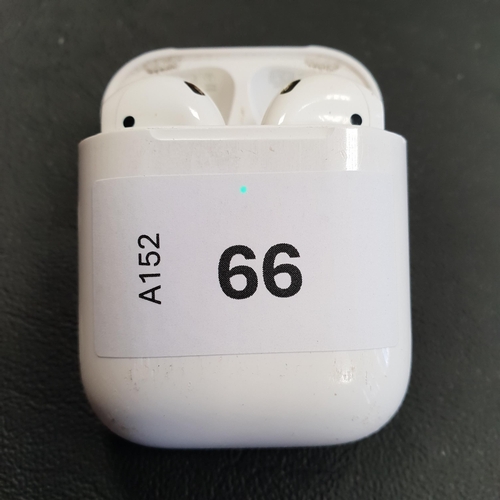 66 - PAIR OF APPLE AIRPODS 
in Wireless charging case
Note: Airpods very dirty and earbud model numbers n... 