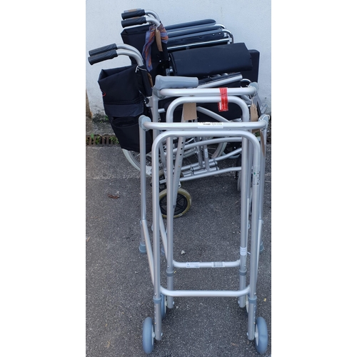 SELECTION OF WHEELCHAIRS AND MOBILITY AIDS
including three wheelchairs, two walking frames and one walking stick (6)