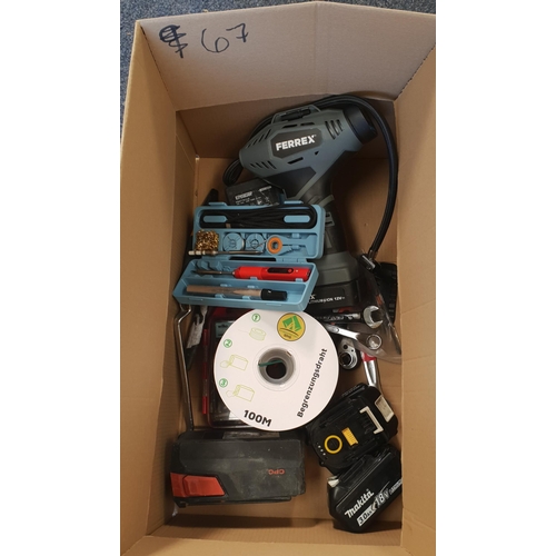 ONE BOX OF TOOLS
including Ferrex air compressor, various drill batteries, various loose tools, soldering kit etc