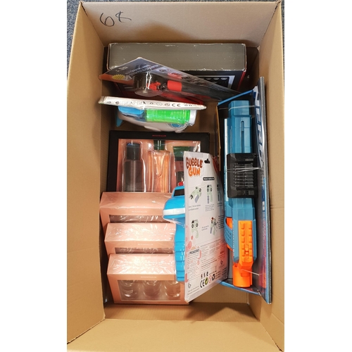 ONE BOX OF NEW ITEMS
including aerator toolbox, boxed toiletries, stripper & crimper, Nerf gun, bubble guns etc