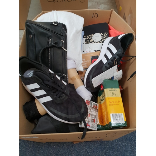 ONE BOX OF NEW ITEMS
including a pair of Adidas Ortholite trainers (size 5.5), five packs of Jacobs Gold coffee, head scarves, handbag, clothing, Baby Sensory flash cards, etc.