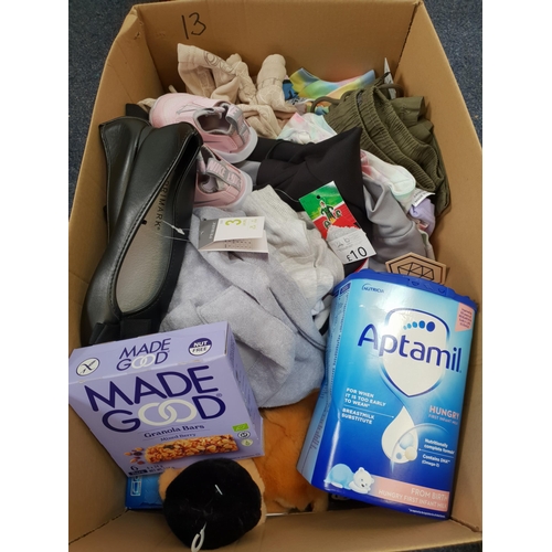 ONE BOX OF NEW ITEMS
including mostly children's clothing, Baby Nike Flex Runners (size 2.5), Aptamil infant milk powder, Washing machine tabs, souvenirs, snow globe, etc.