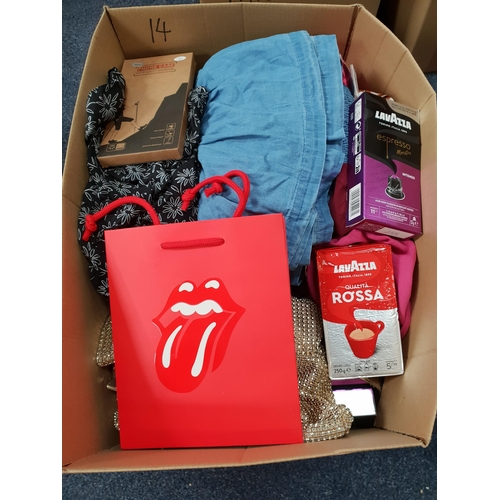 ONE BOX OF NEW ITEMS
including Rolling Stones plectrums, Samsung Galaxy X phone case, evening bag, clothing, seven packs of Lavazza coffee pods, Cinnamon sticks, etc.