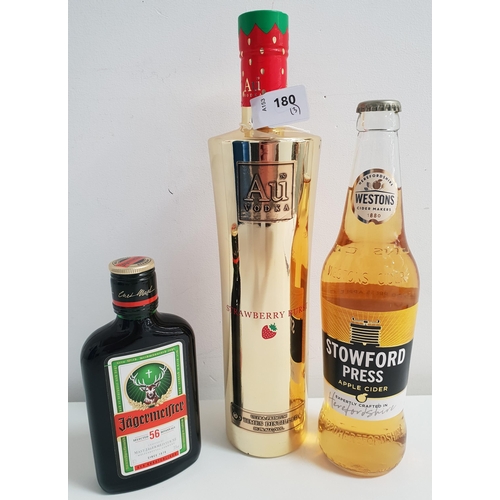 SELECTION OF SPIRITS AND CIDER
comprising one bottle of Au Strawberry Burst Vodka (35.2% and 70cl); one bottle of Jagermeister (35% and 20cl); and a bottle of Stowford Press Apple Cider (4.5% and 500ml)
Note: You must be over the age of 18 to bid on this lot.