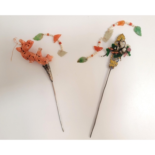 481 - TWO CHINESE HAIR PINS
one with coral top carved with flowers and with strands of hanging seed pearls... 