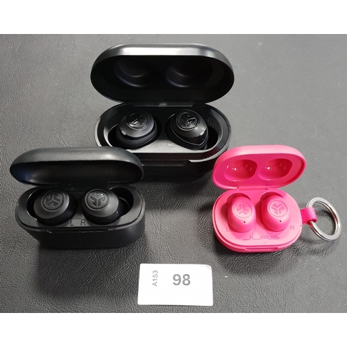 THREE PAIRS OF JLAB EARBUDS
in charging cases