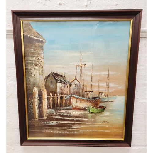 565 - BERMAN 
'Fishing Boats' highly textured oil on board, signed Berman, framed and glazed, 72 x 61cm (i... 