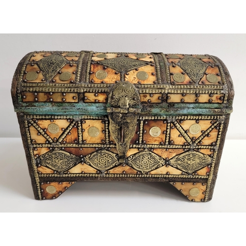 383 - AN INTERESTING DOMED TOP CASKET
with rivets and inlay of brass, bone and coins, the coins stamped wi... 