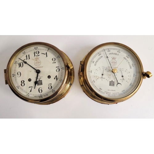 384 - BRASS BULKHEAD CLOCK AND BAROMETER BY SEWILLS OF LIVERPOOL
mounted in brass and inscribed 'Sewills 2... 