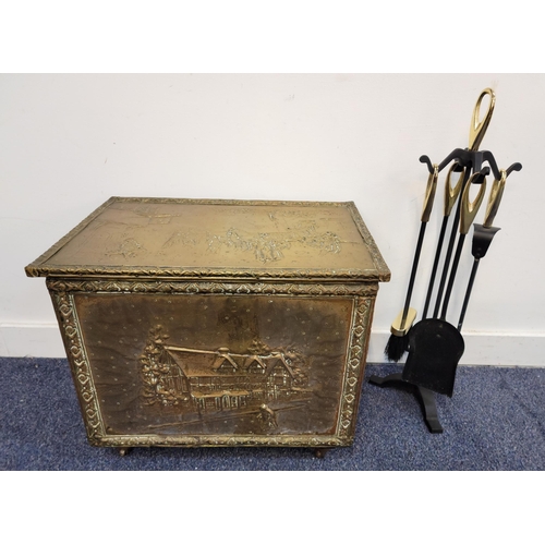 617 - BRASS LOG BOX AND FIRE COMPANION SET
the brass log box on wheels with traditional Victorian imagery;... 