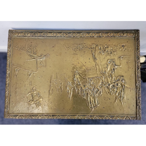 617 - BRASS LOG BOX AND FIRE COMPANION SET
the brass log box on wheels with traditional Victorian imagery;... 