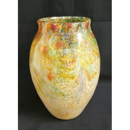 297 - MONART GLASS VASE 
of ovoid form, in clear glass with swirling yellow, white and orange inclusions, ... 