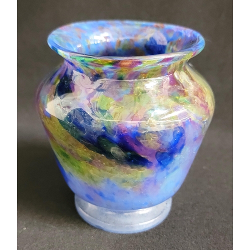 298 - SMALL MONART GLASS VASE
the blue ground with polychrome spotting, unmarked, 10cm high