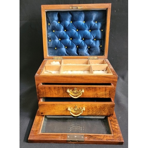 395 - VICTORIAN BURR WALNUT JEWELLERY BOX 
the hinged lid revealing fitted interior with mother of pearl f... 