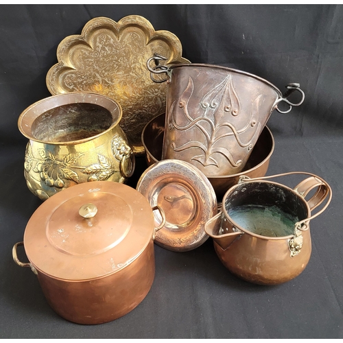 396 - SELECTION OF COPPER AND BRASS ITEMS including an Art Nouveau embossed copper coal bucket, 24cm high;... 