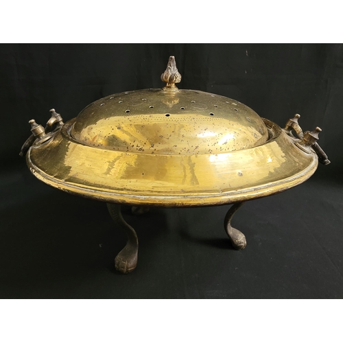 408 - LARGE VICTORIAN BRASS BRAZIER
the lid with pierced holes, dot, star and flower detail, the finial wi... 