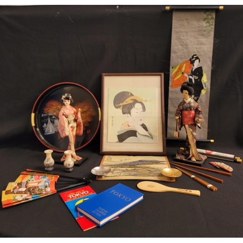 410 - SELECTION OF JAPANESE ITEMS
including dolls, fans, scrolls, chopsticks, framed and glazed wood block... 