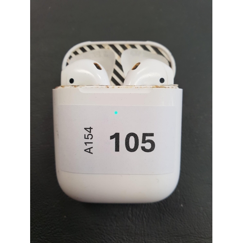 105 - PAIR OF APPLE AIRPODS 2ND GENERATION
in Wireless charging case
Note: Striped sticker to interior cas... 