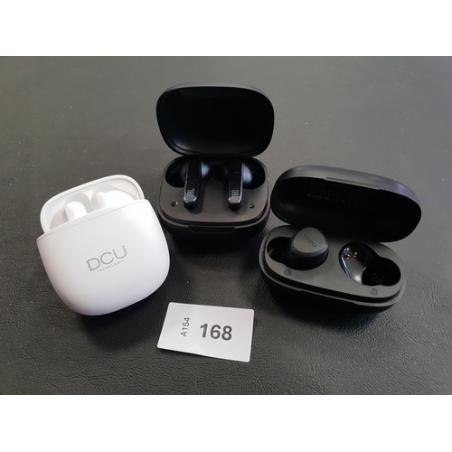 168 - TWO PAIRS OF EARBUDS IN CHARGING CASES
comprising JBL and DCU, together with a single Tozo earbud in... 