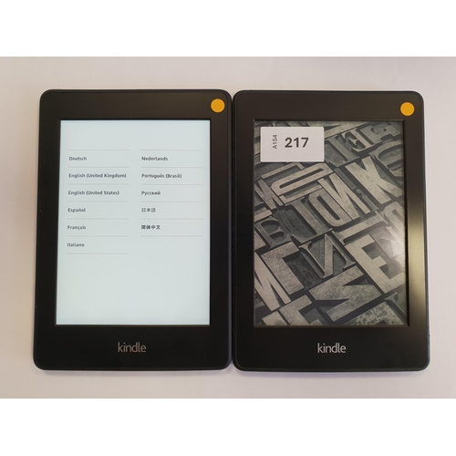 217 - TWO AMAZON KINDLE PAPERWHITE 2 E-READERS
serial numbers G0D4 2201 3514 0P21 and G017 2201 4447 0GPW ... 