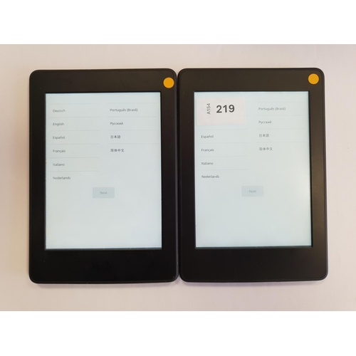 219 - TWO AMAZON KINDLE PAPERWHITE 3 E-READERS
serial numbers G090 G105 8177 00DV and G090 G105 7122 04H3 ... 